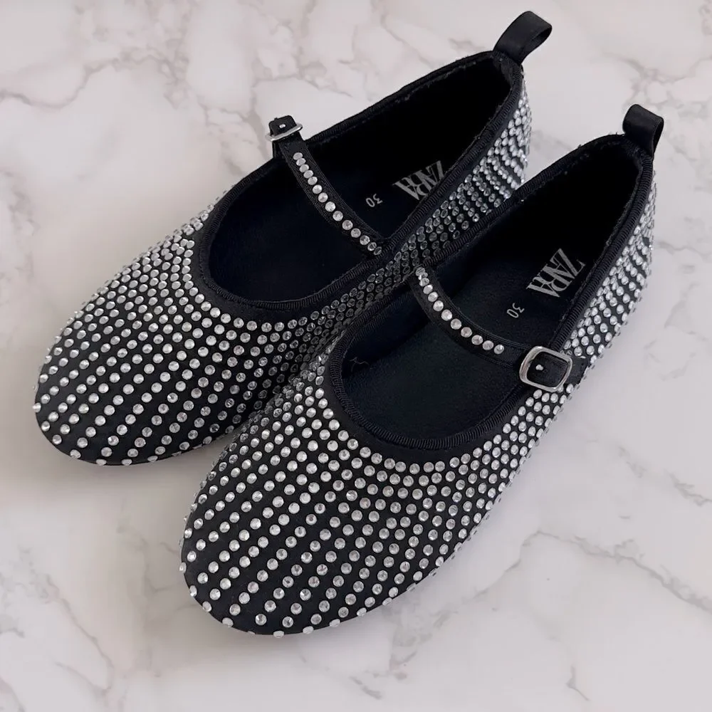 ⭕️ ZARA Girls Kids Black and Silver Studded Shoes Crystals
